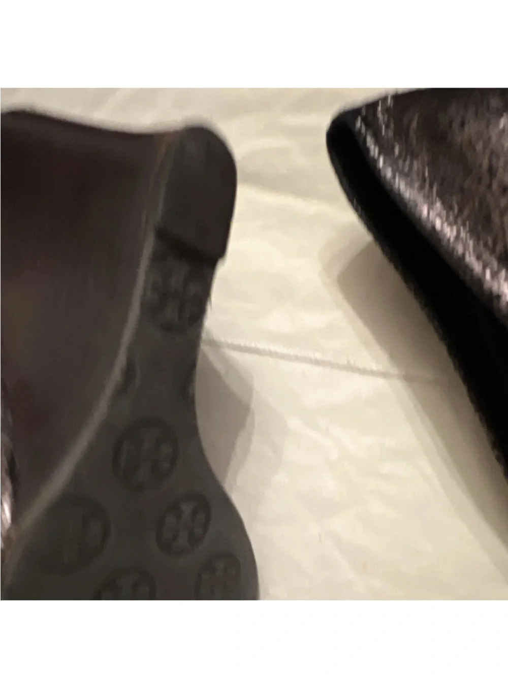 Tory Burch Metallic Pewter Peep-Toe Heels with Logo Medallion